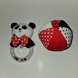 2 Genius Baby Toys Lot Rattles Panda Bear Plush Ball Red White Black 2006